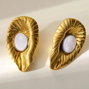 Gold Leaf Earrings with White Stone